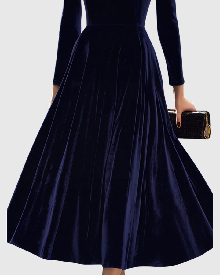 Damska Welurowa Sukienka Midi Elegancka Długa Rękaw Silhouette