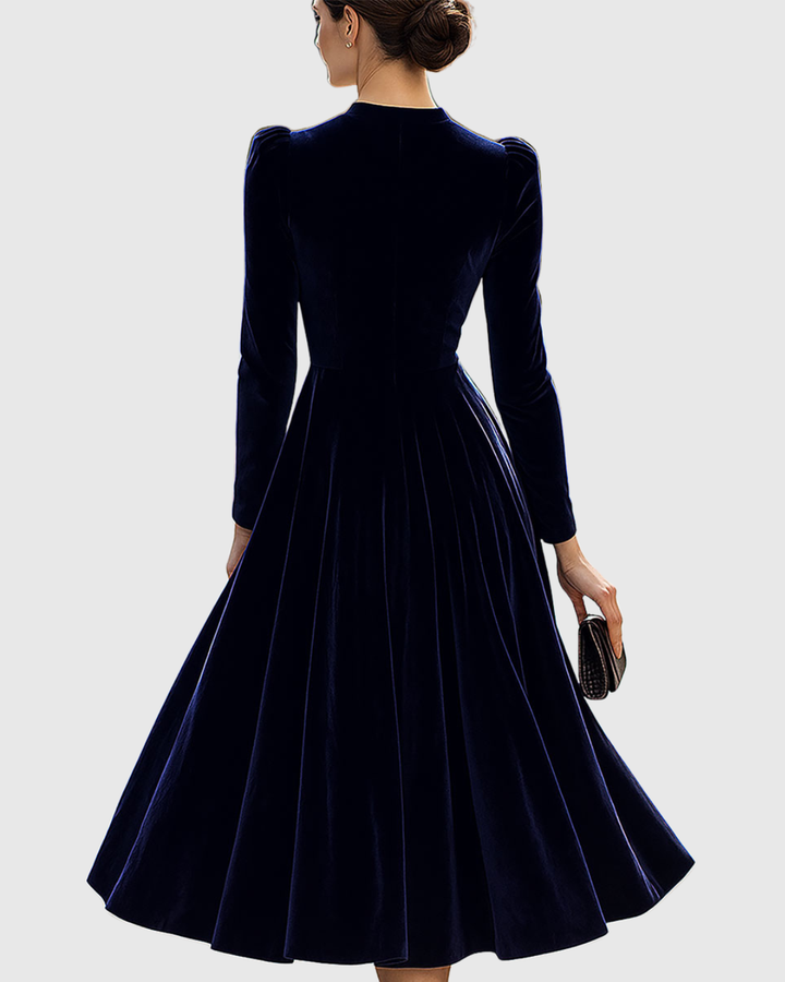 Damska Welurowa Sukienka Midi Elegancka Długa Rękaw Silhouette