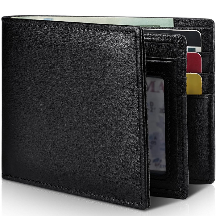Męski Slim RFID Blocking Portfel – Skórzany Bifold z 13 Miejscami na Karty i Okienkiem na ID