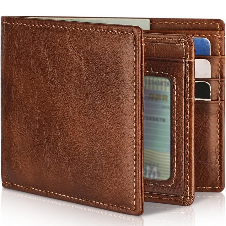 Męski Slim RFID Blocking Portfel – Skórzany Bifold z 13 Miejscami na Karty i Okienkiem na ID