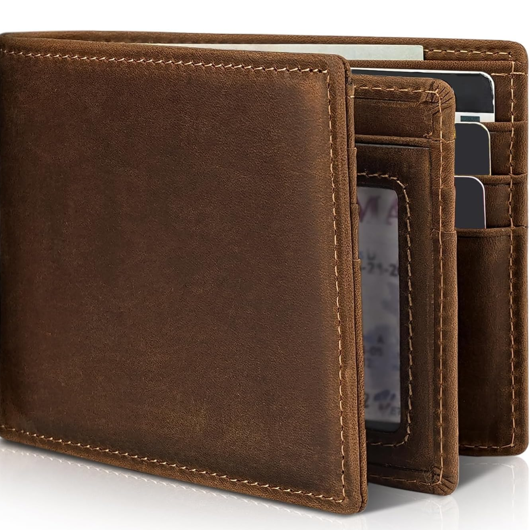 Męski Slim RFID Blocking Portfel – Skórzany Bifold z 13 Miejscami na Karty i Okienkiem na ID