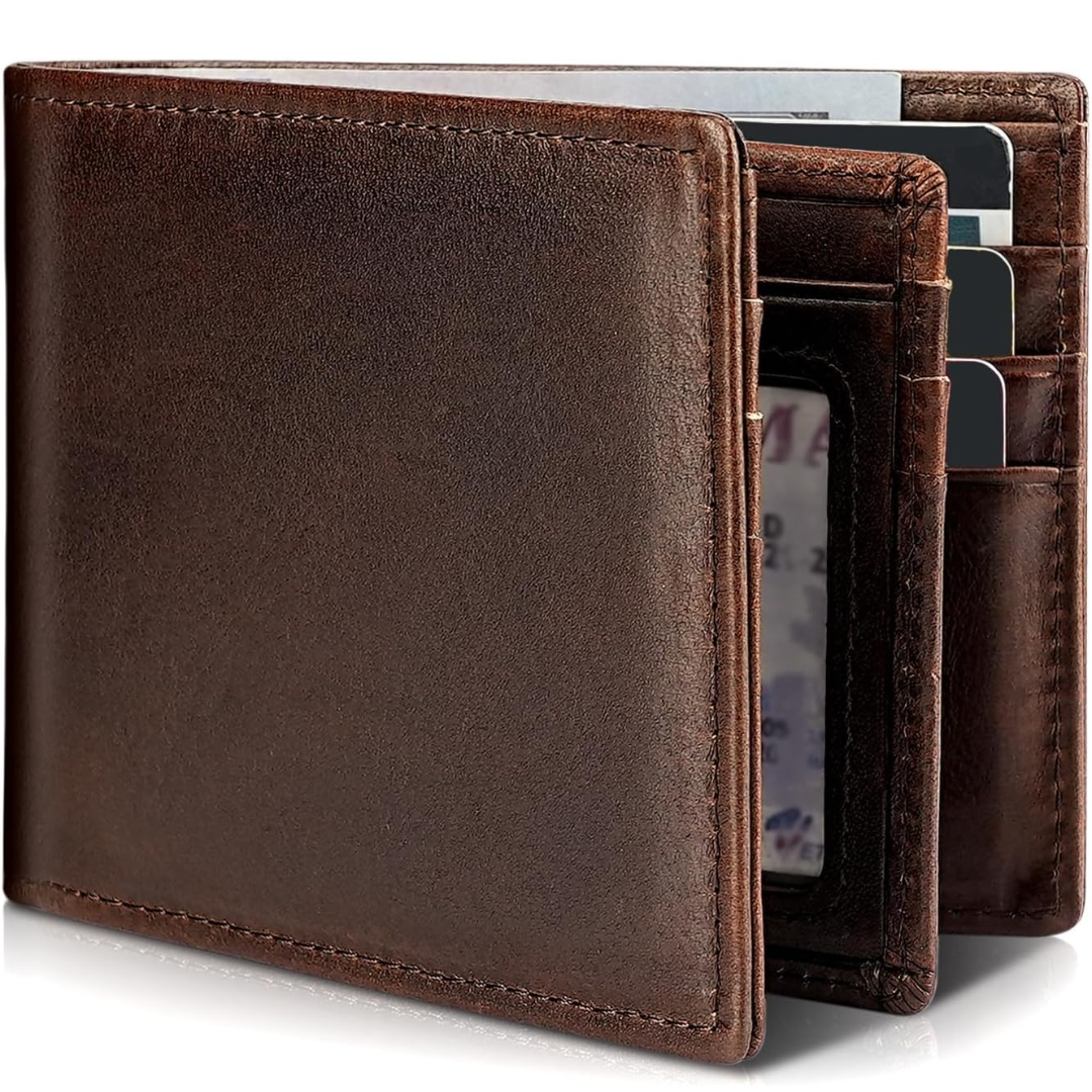 Męski Slim RFID Blocking Portfel – Skórzany Bifold z 13 Miejscami na Karty i Okienkiem na ID