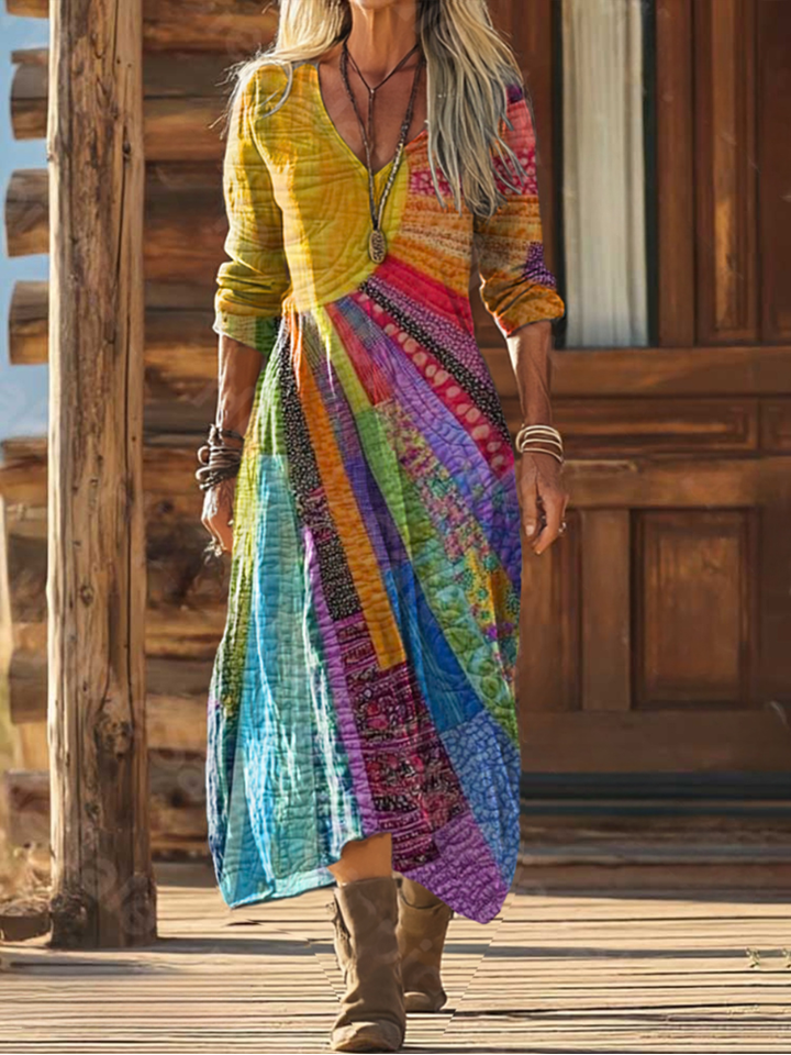 Damska Sukienka Boho Maxi z Wzorem w Stylu Luźnym z Dekoltem w Serek