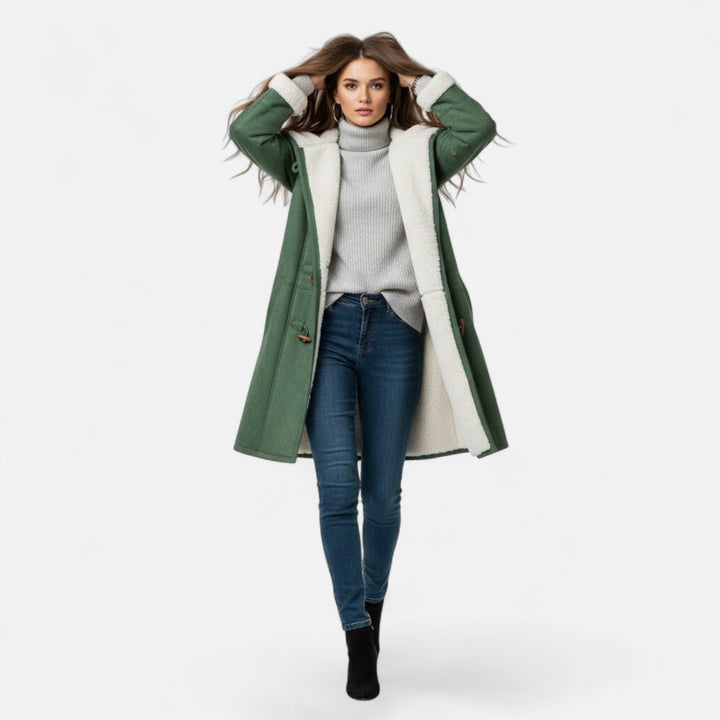 Valmonti | Kobiecy zimowy płaszcz z kapturem i guzikami z kieszeniami