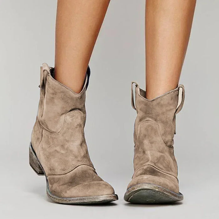 Damskie Vintage Zachodnie Botki na Kostkę z Miękkiego Zamszu w Stylu Cowboy