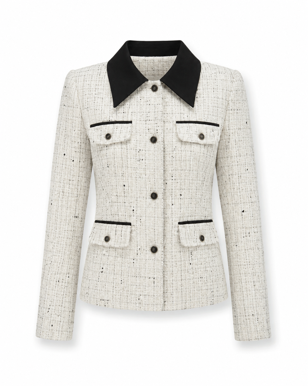 Kurtka w stylu tweed – warstwowa kurtka z kontrastowym kołnierzem na biuro i smart casual