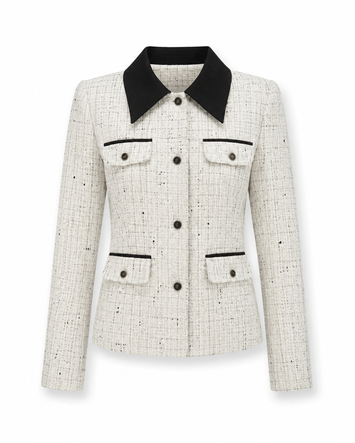 Kurtka w stylu tweed – warstwowa kurtka z kontrastowym kołnierzem na biuro i smart casual