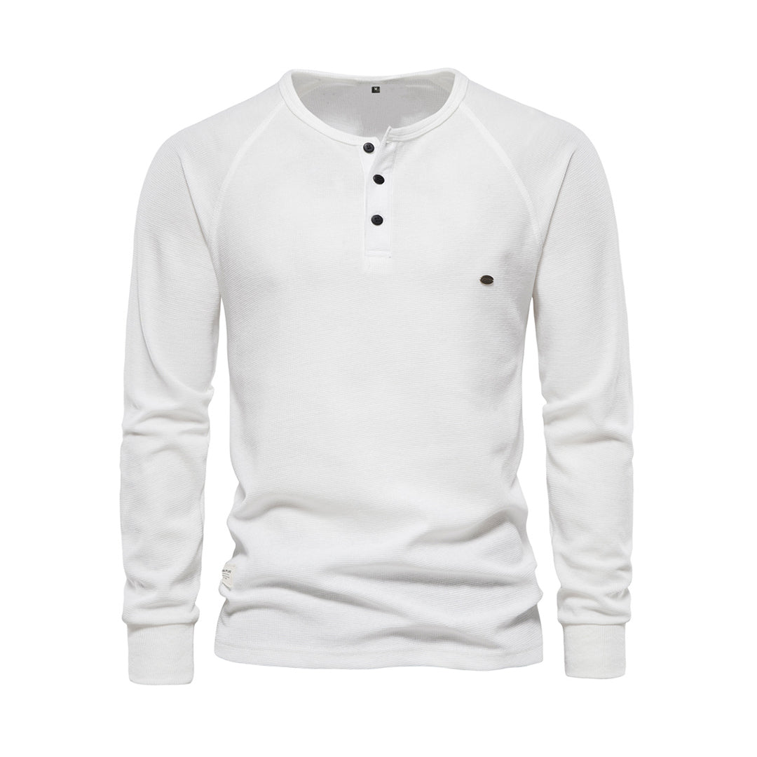 Męska koszula Henley z długim rękawem w splot waffle, casualowy krój