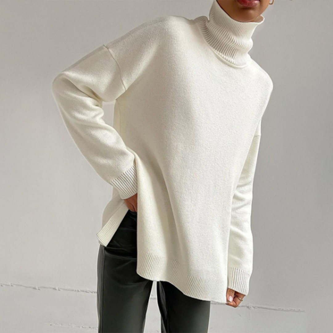 Sweter z golfem dla kobiet, luźny krój, dzianinowy top z bocznymi rozcięciami