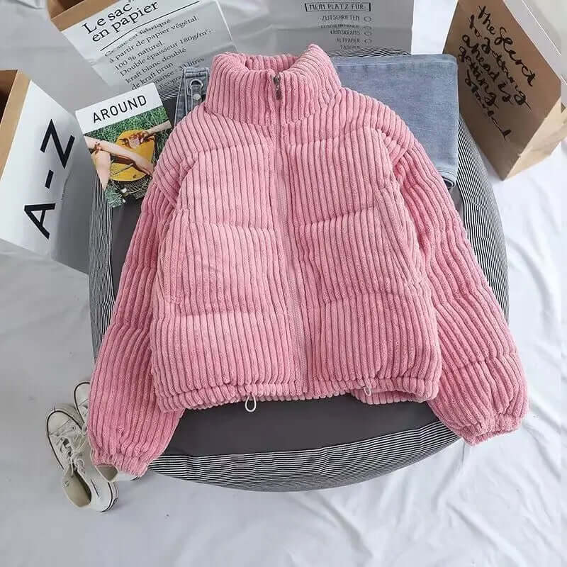 Kobiecą Oversized Kurtka Puchowa z Cordurowego Materiału – Pikowana Wysoka Kołnierz na Zimowe Dni