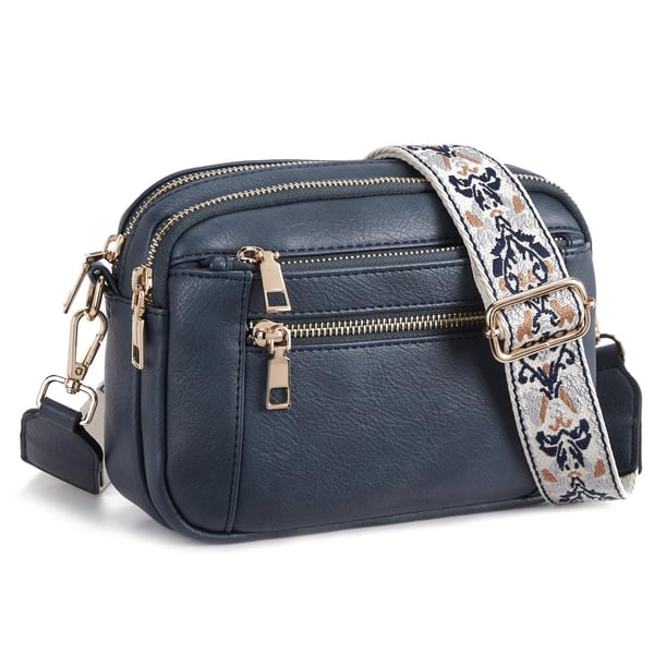 Kobiecza torebka crossbody z wieloma zamkami i nadrukowanym paskiem