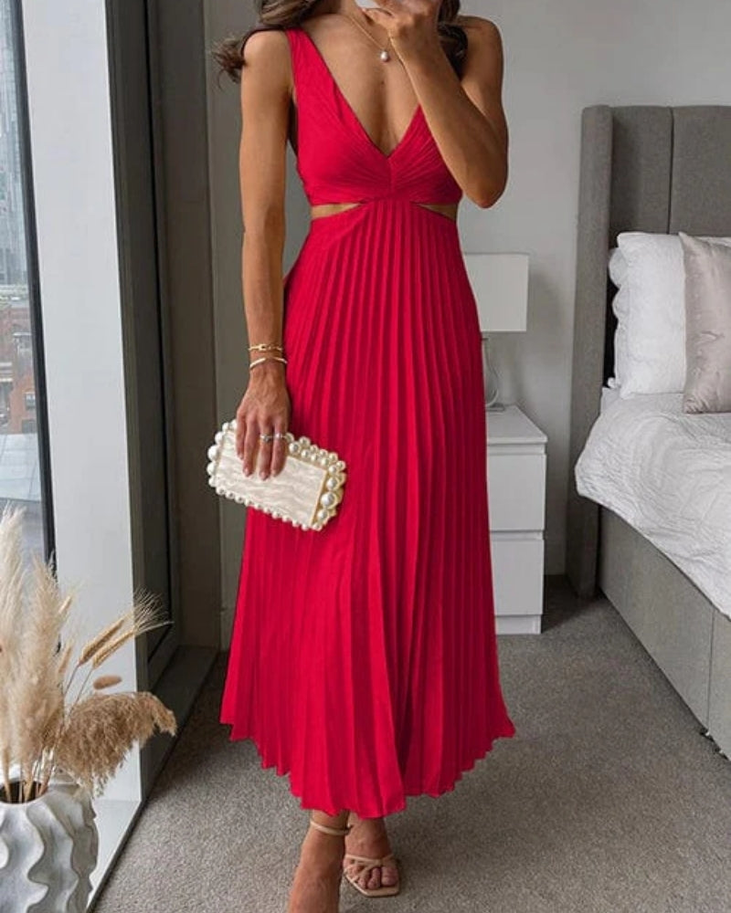 Sukienka midi z plisami i wycięciami – Styl v-neck dla eleganckich gości weselnych