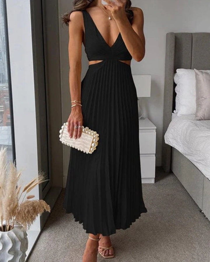 Sukienka midi z plisami i wycięciami – Styl v-neck dla eleganckich gości weselnych