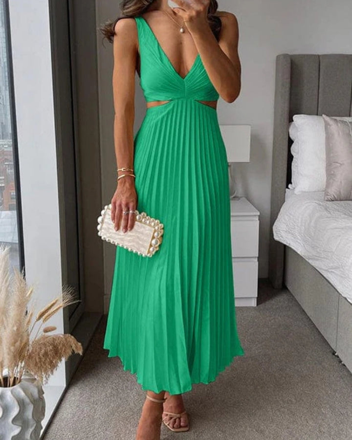 Sukienka midi z plisami i wycięciami – Styl v-neck dla eleganckich gości weselnych