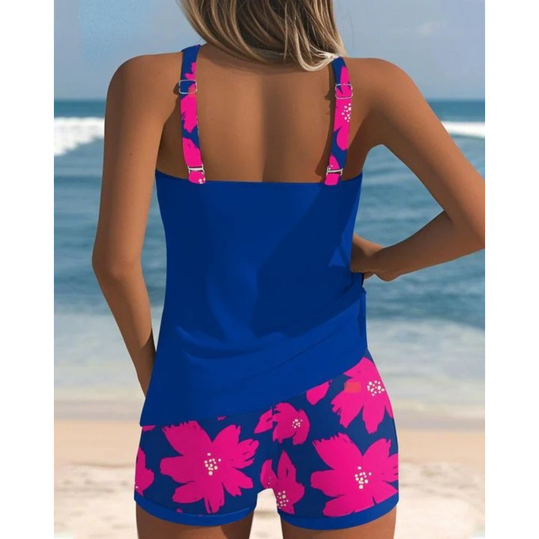 Kobiece zestawy tankini z nadrukiem – kostium kąpielowy z plecami typu racerback i szortami na plażę i basen