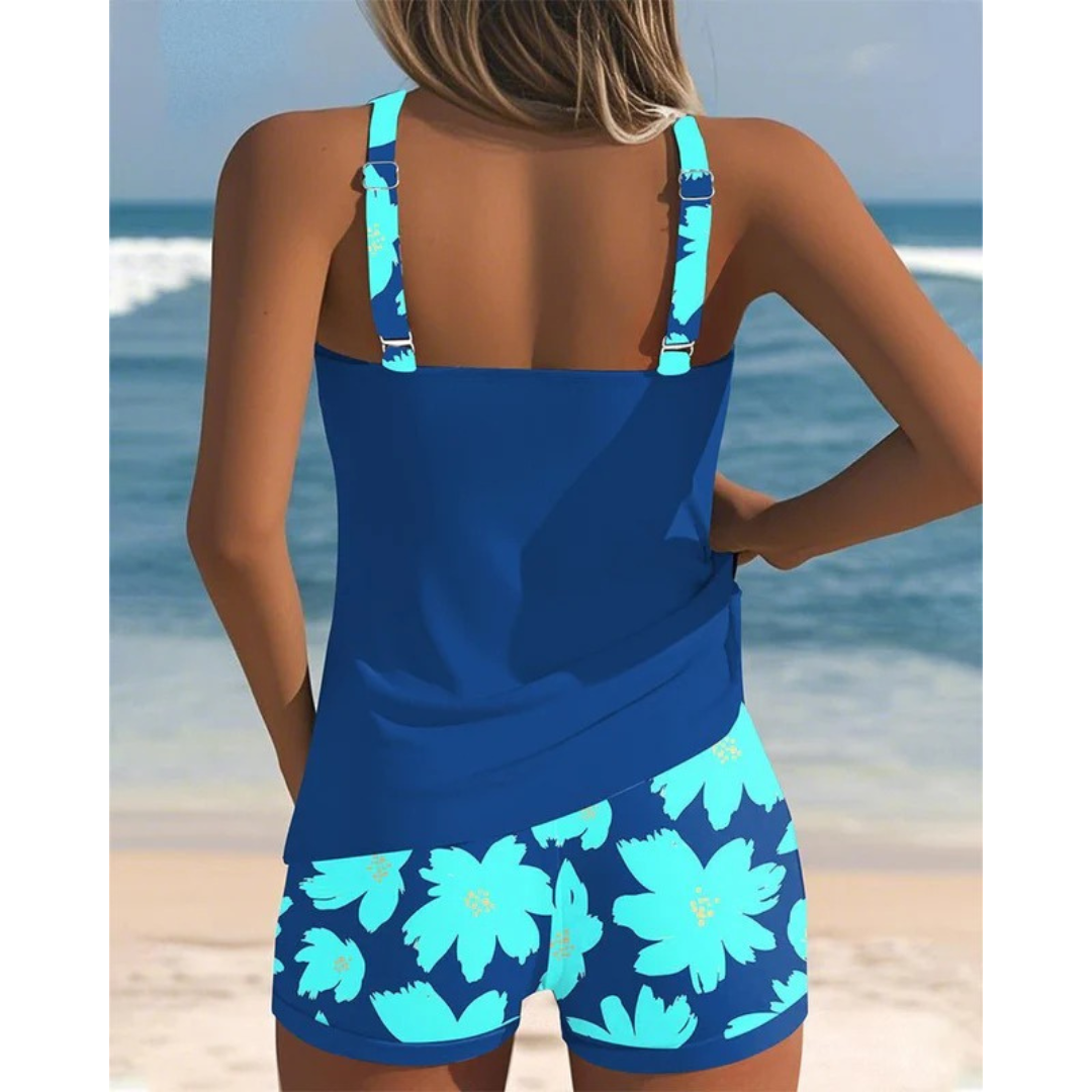 Kobiece zestawy tankini z nadrukiem – kostium kąpielowy z plecami typu racerback i szortami na plażę i basen