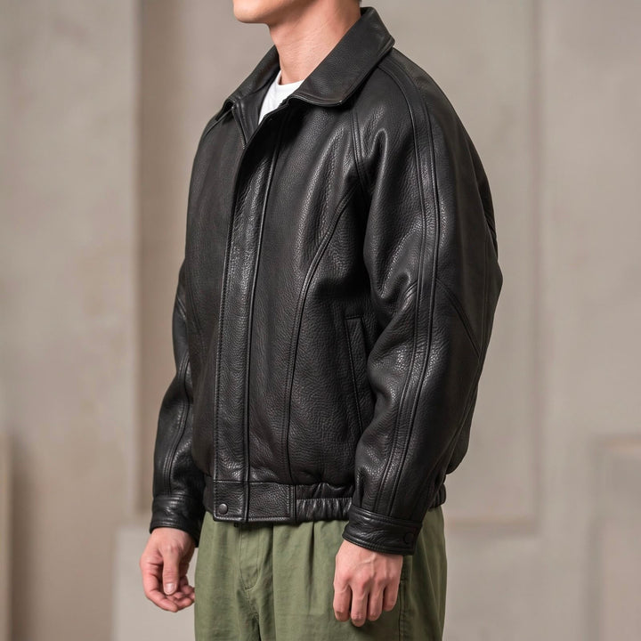 Męska skórzana kurtka zapinana na zamek – Strukturalna warstwa z kołnierzem na wiosnę i jesień