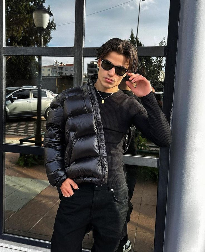 Męska kurtka pikowana z podszewką sherpa i kapturem – Ciepła kurtka puchowa na świeżym powietrzu i do streetwearu