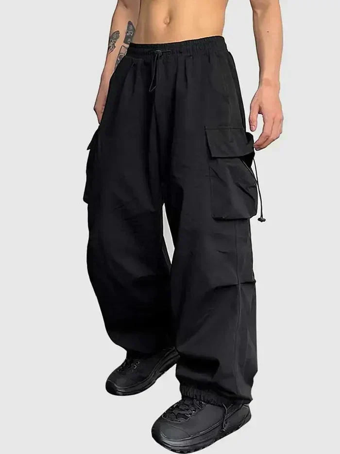 Męskie Spodnie Cargo z Szerokimi Nogawkami – Luźne Spodnie Streetwear z Elastycznym Pasem i Kieszeniami Użytkowymi