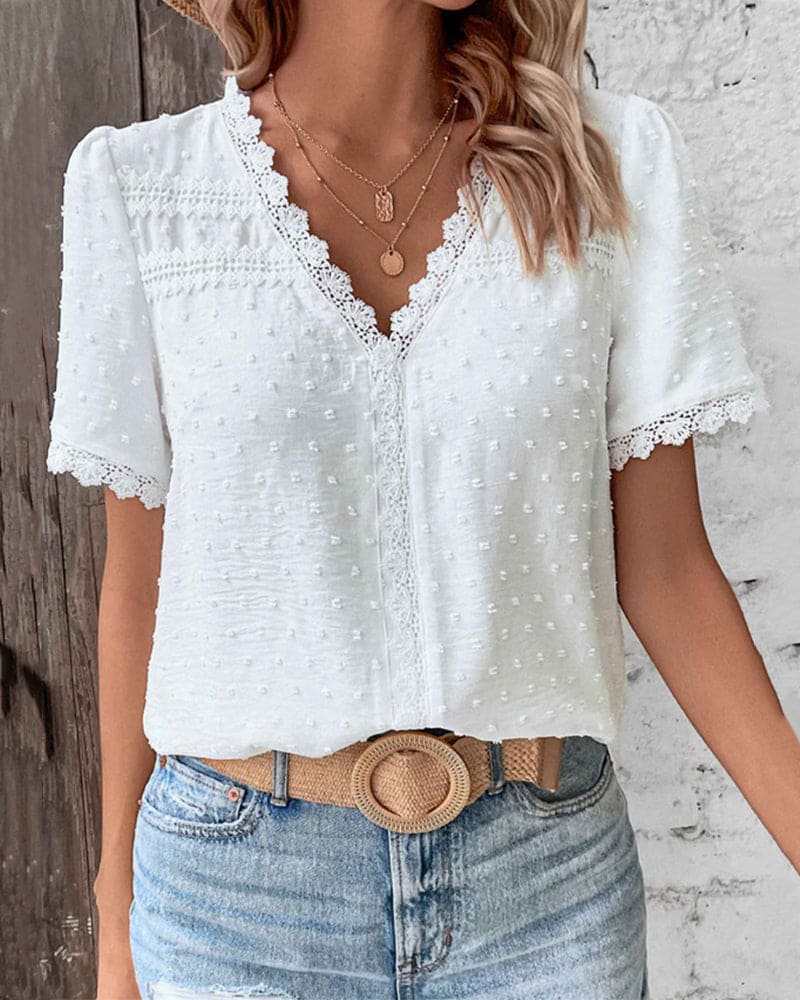Damska bluzka z koronkowym wykończeniem i fakturą, krótki rękaw, luźny krój
