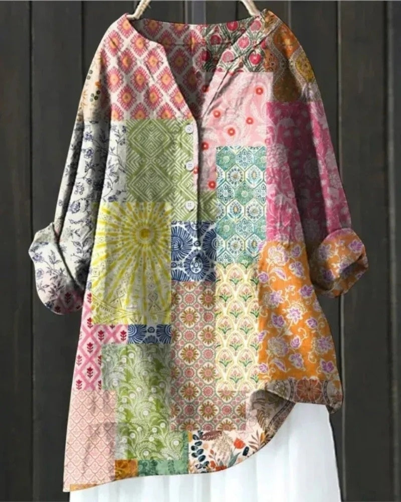 Kobieta’s Printed Patchwork Blouse – Luźna tunika z długim rękawem na co dzień