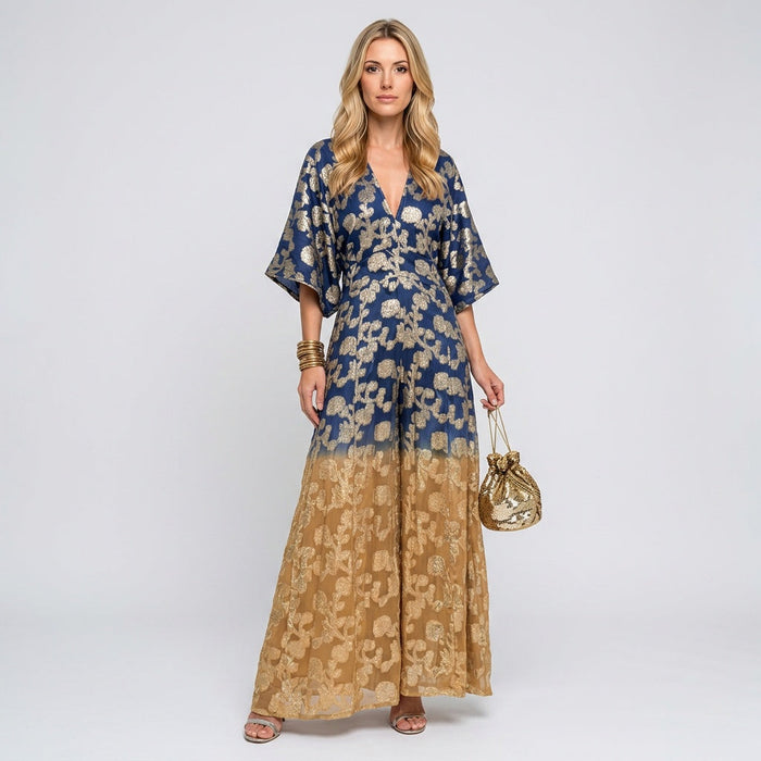 Damska Złota Botaniczna Ombre Maxi Kaftan Sukienka Wieczorowa