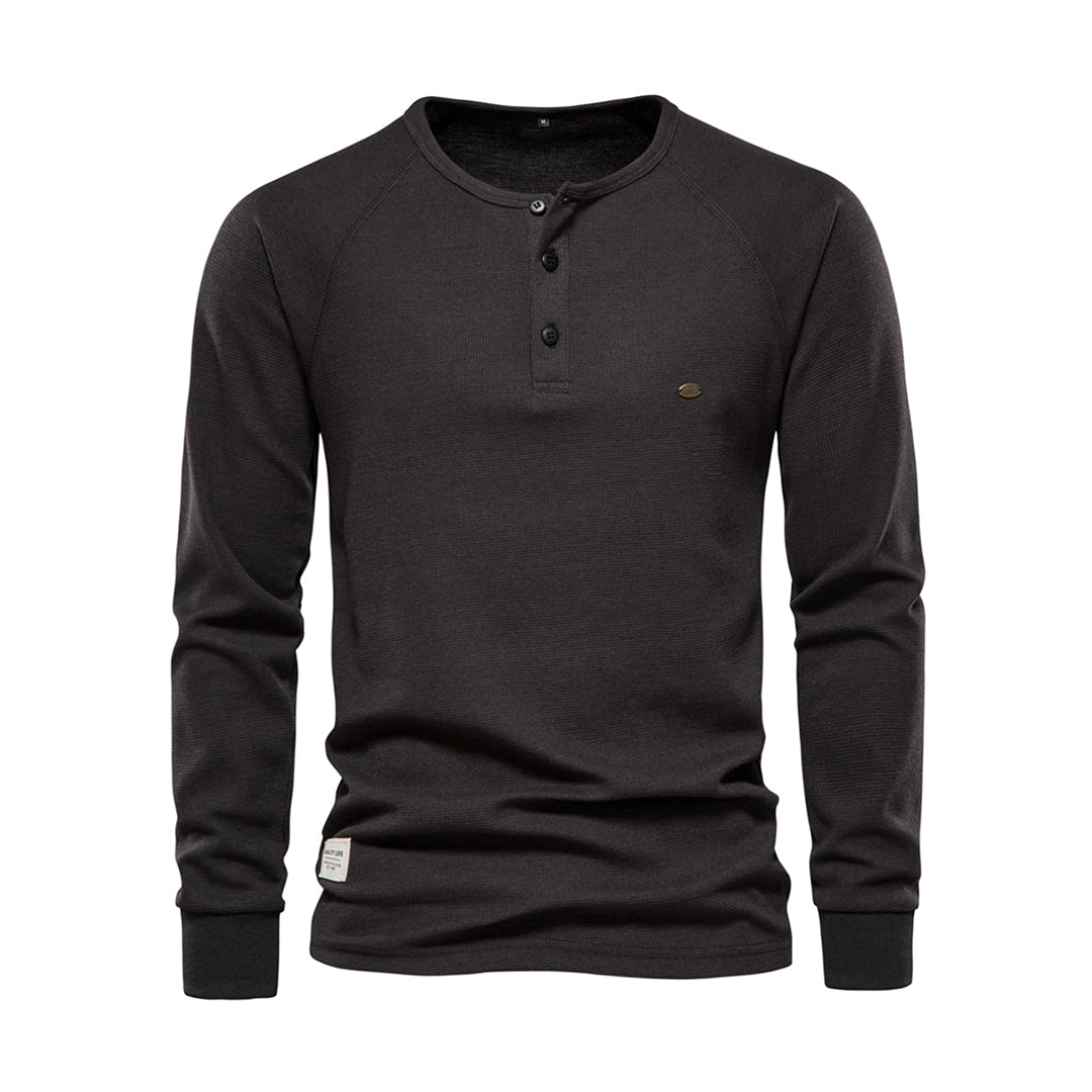 Męska koszula Henley z długim rękawem w splot waffle, casualowy krój