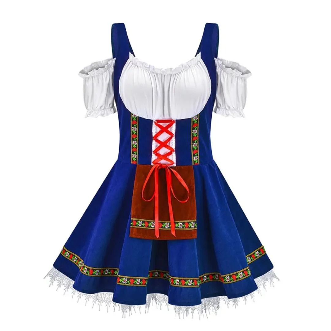 Kobiece Folkowe Sukienka Dirndl – Styl Festiwalowy z Odkrytymi Ramionami i Dekoracyjnym Fartuszkiem