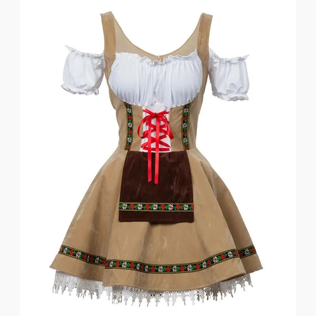 Kobiece Folkowe Sukienka Dirndl – Styl Festiwalowy z Odkrytymi Ramionami i Dekoracyjnym Fartuszkiem