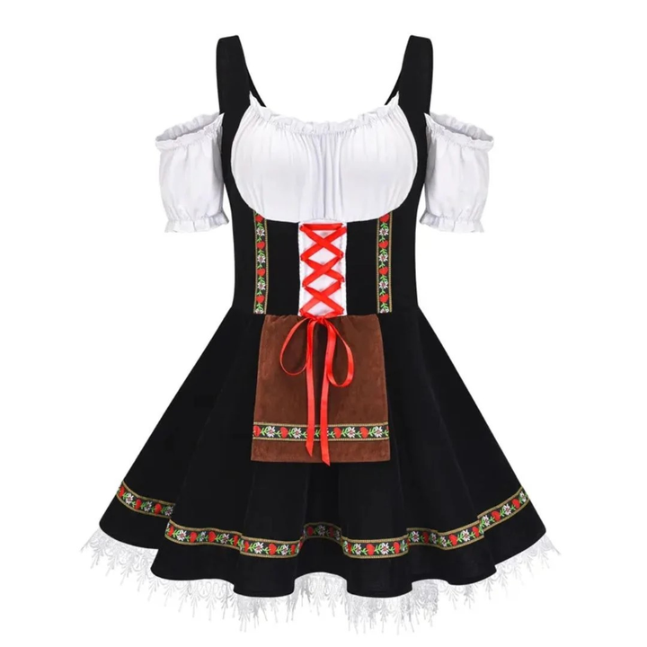 Kobiece Folkowe Sukienka Dirndl – Styl Festiwalowy z Odkrytymi Ramionami i Dekoracyjnym Fartuszkiem