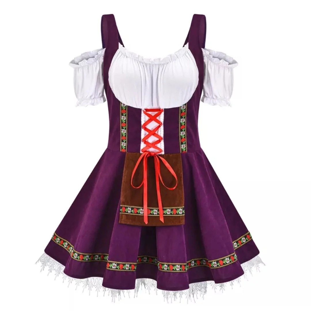 Kobiece Folkowe Sukienka Dirndl – Styl Festiwalowy z Odkrytymi Ramionami i Dekoracyjnym Fartuszkiem