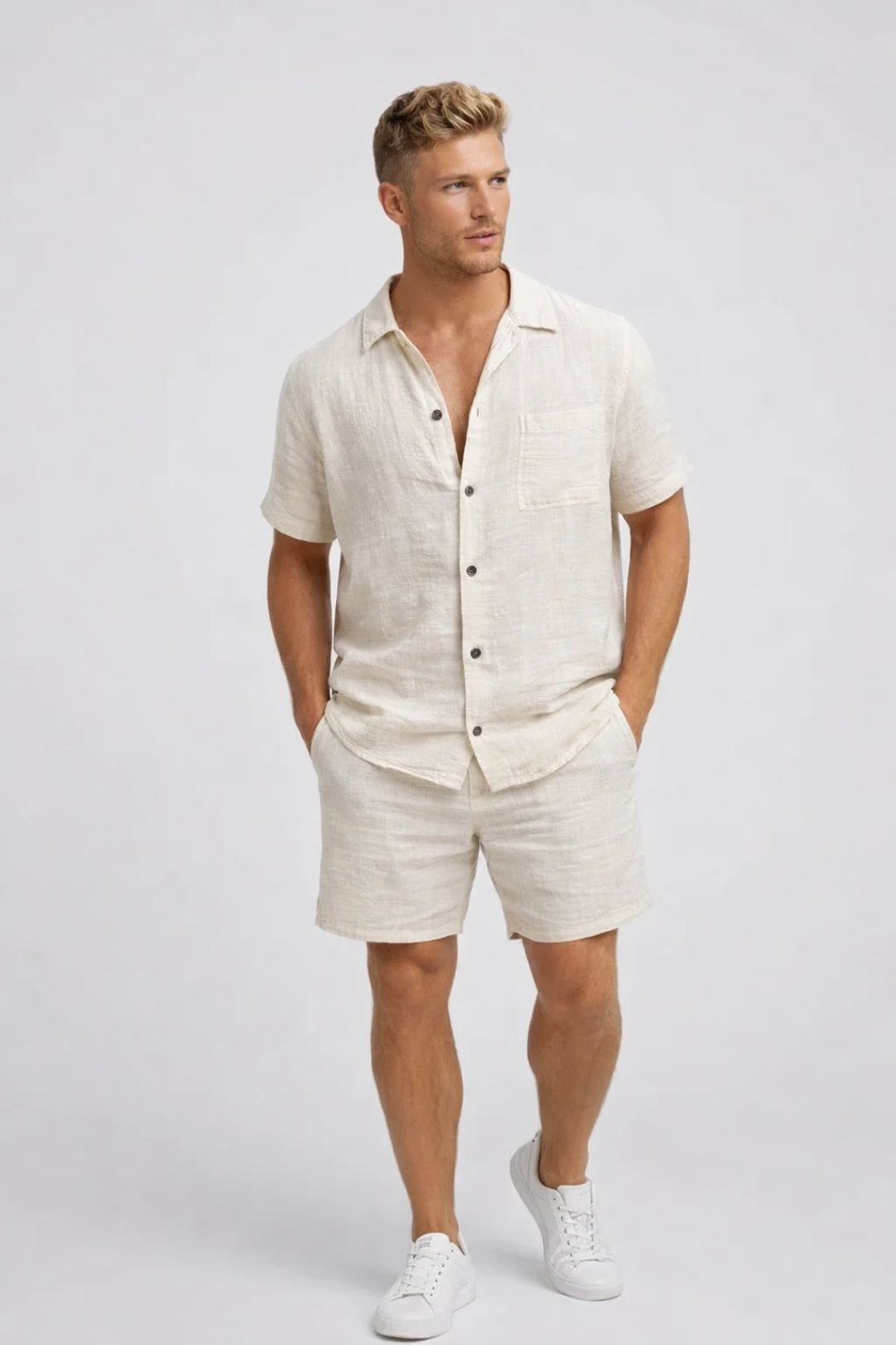 Męski zestaw letni z krótkim rękawem z lnu i szortami