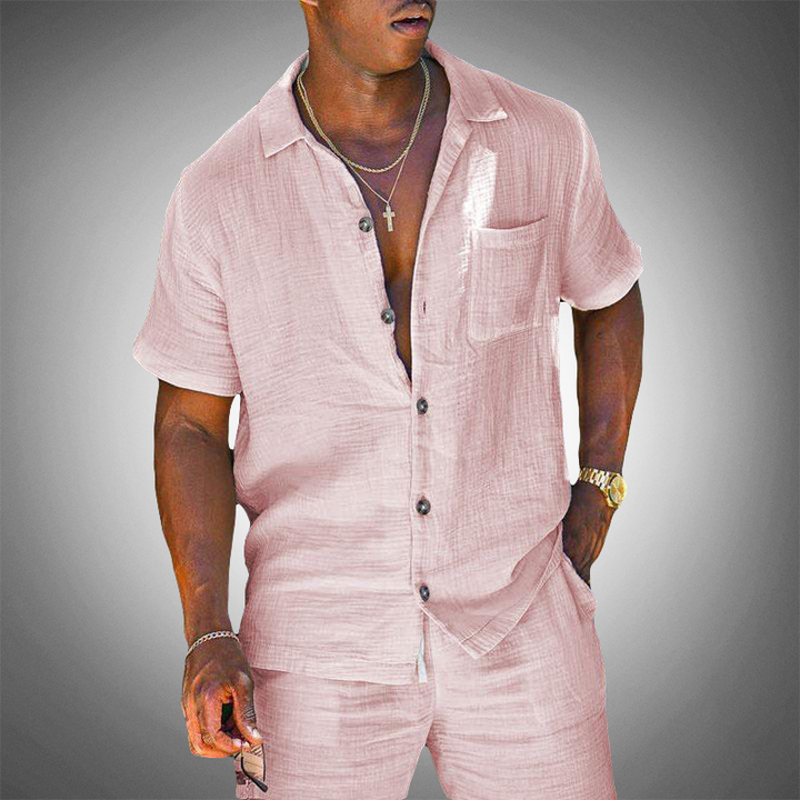 Męski komplet z lnu składający się z koszuli i spodni w luźnym kroju