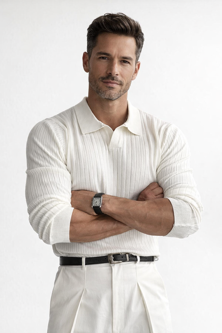 Męski sweter polo z prążkowanej dzianiny, V-neck, slim fit