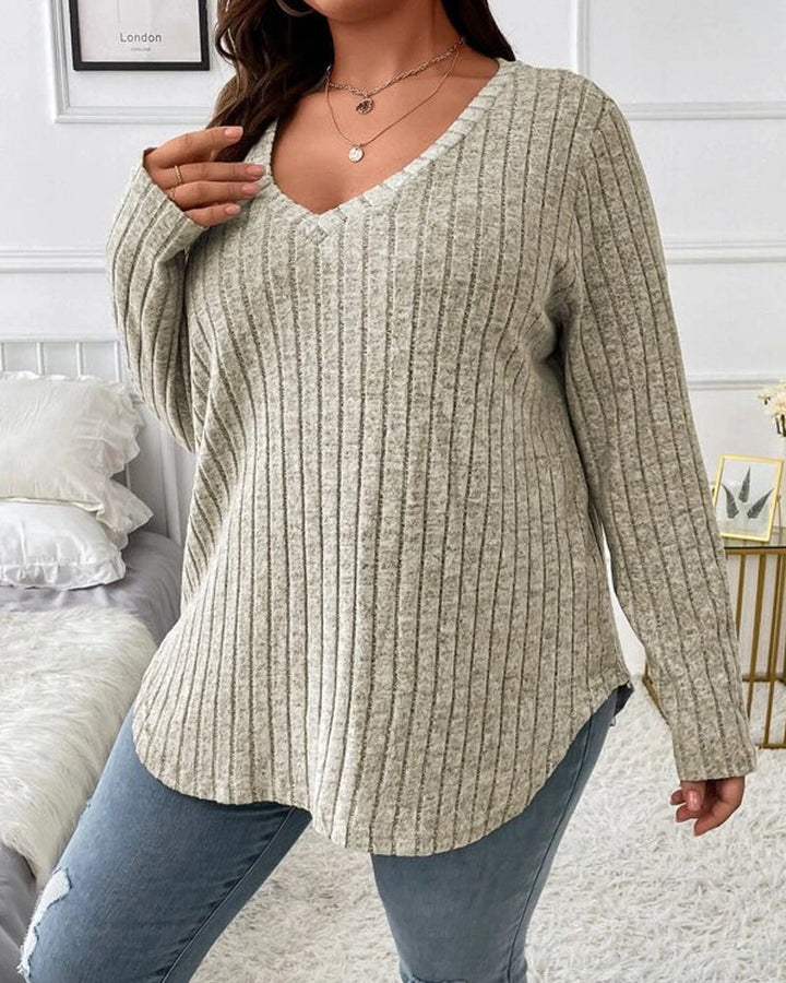 Damski sweter jednokolorowy z dekoltem w serek, długim rękawem, wykonany z miękkiej mieszanki bawełny, w casualowym, codziennym, wygodnym kroju