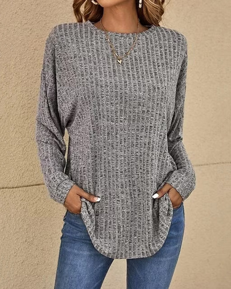 Damski sweter z okrągłym dekoltem, długi rękaw, miękka mieszanka bawełny, casualowy, podstawowy, codzienny, wygodny top do warstwowego noszenia
