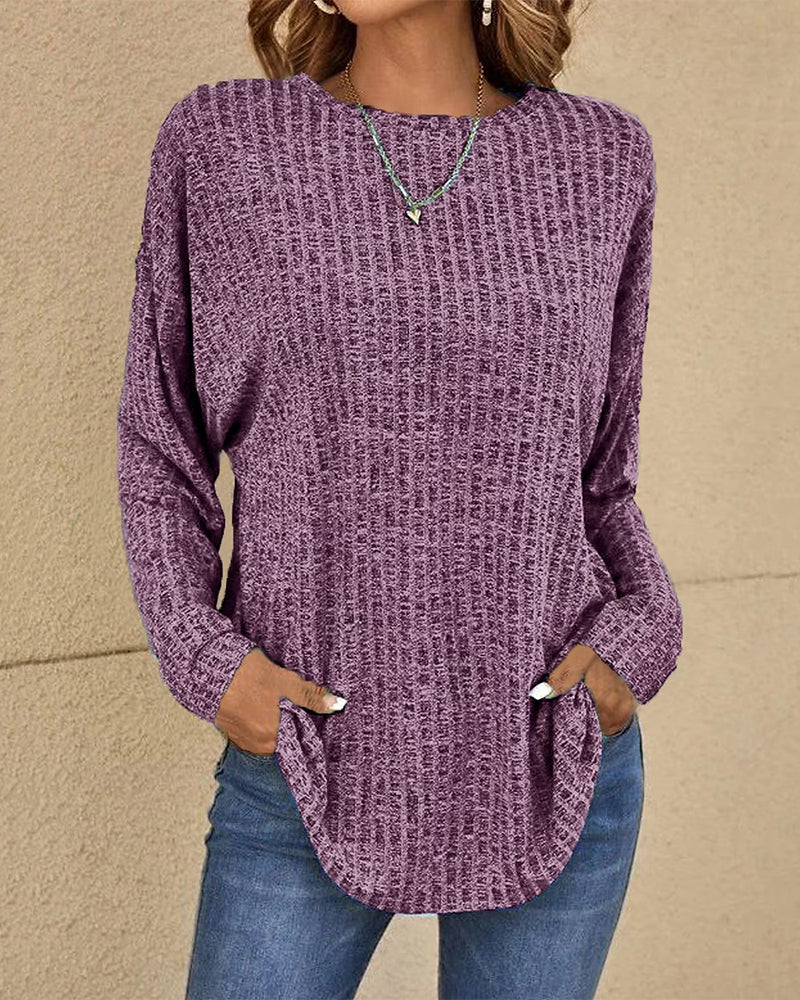 Damski sweter z okrągłym dekoltem, długi rękaw, miękka mieszanka bawełny, casualowy, podstawowy, codzienny, wygodny top do warstwowego noszenia