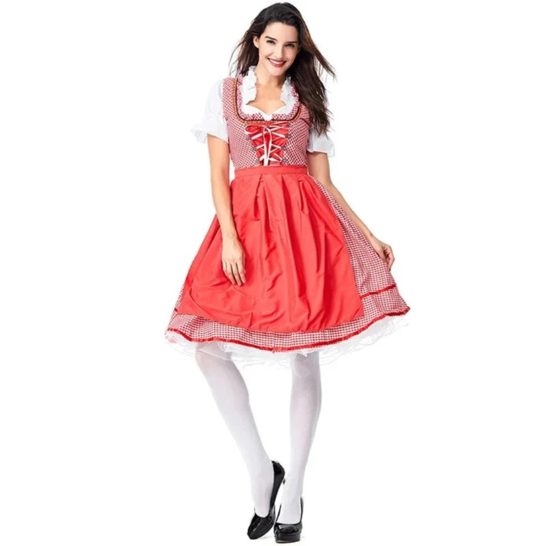 Kobiece Tradycyjne Dirndl – Sukienka Festiwalowa z Koronką na Przodzie i Pełnym Fartuchu