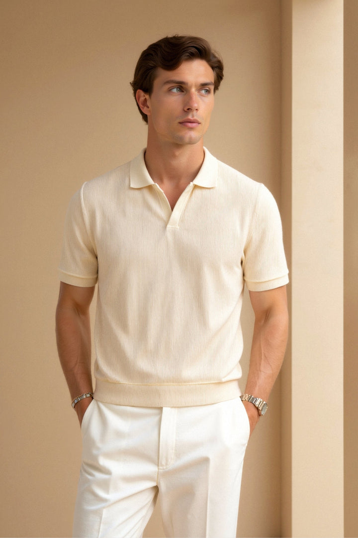 Męska Strukturalna Koszulka Polo Klasyczna Krótki Rękaw V-Neck Regular Fit Elegancka Codzienna Odzież