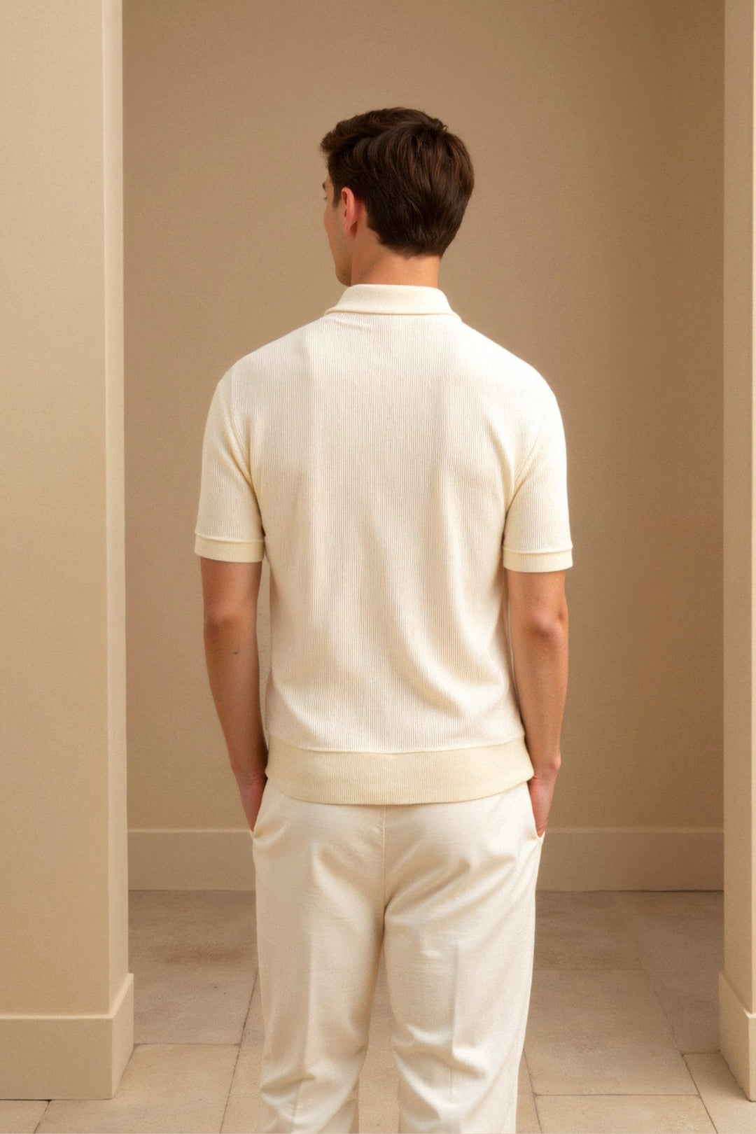 Męska Strukturalna Koszulka Polo Klasyczna Krótki Rękaw V-Neck Regular Fit Elegancka Codzienna Odzież