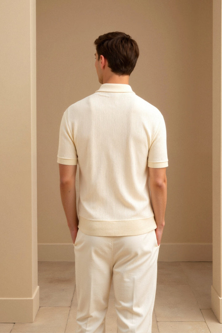 Męska Strukturalna Koszulka Polo Klasyczna Krótki Rękaw V-Neck Regular Fit Elegancka Codzienna Odzież
