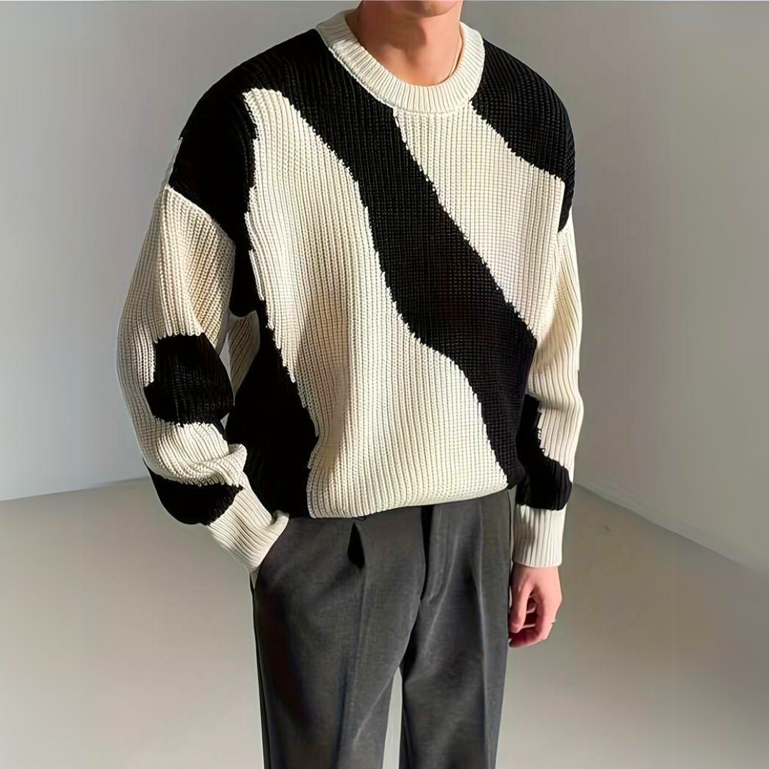 Męski luksusowy sweter z dzianiny z kolorowym wzorem falistym, komfortowy, ciepły, codzienny sweter