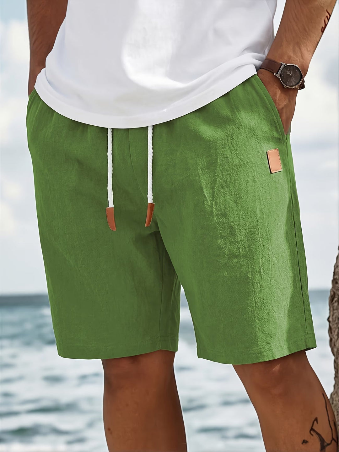 Męskie szorty letnie z regulowanym paskiem w talii, regularny krój