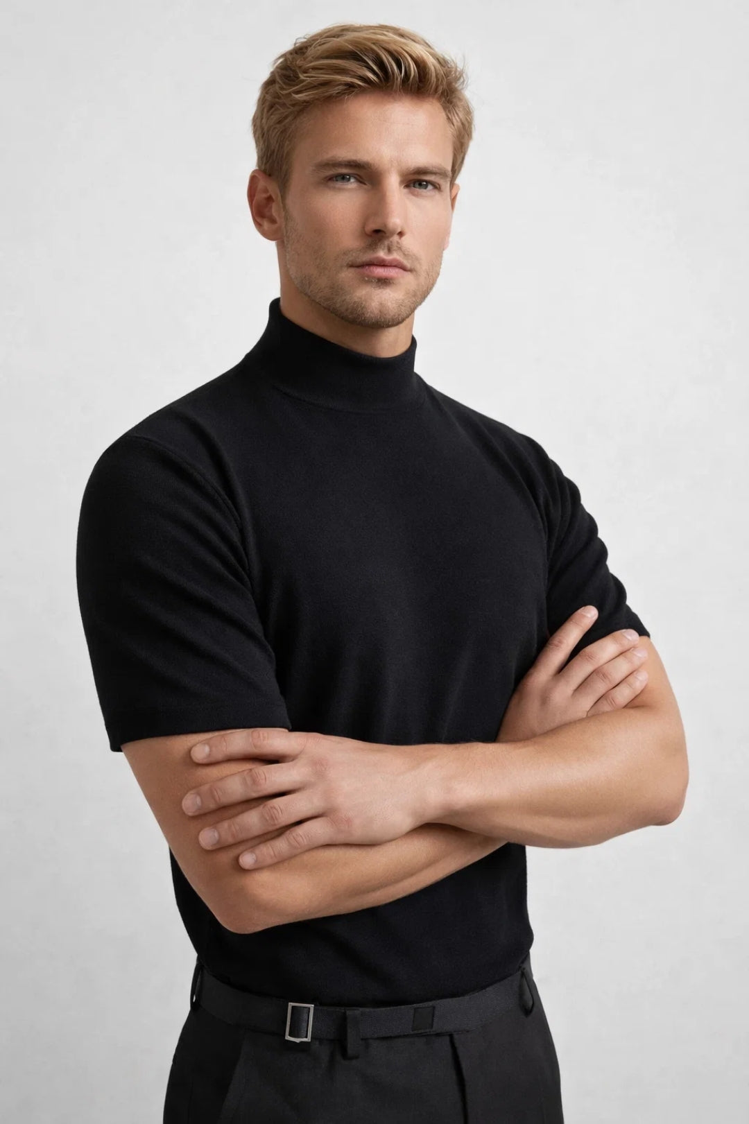 Męska koszulka casualowa slim fit z krótkim rękawem i stójką