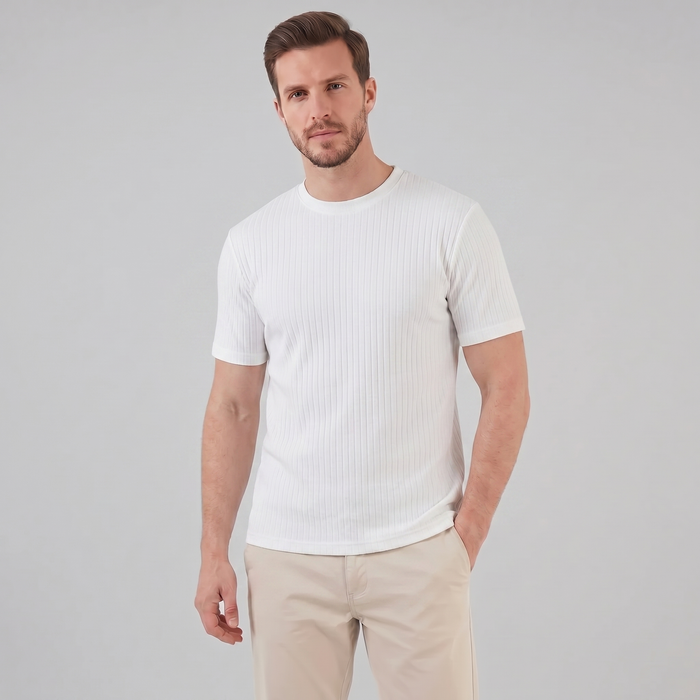 Męska T-shirt z prążkowanym wzorem, klasyczny krój, slim fit