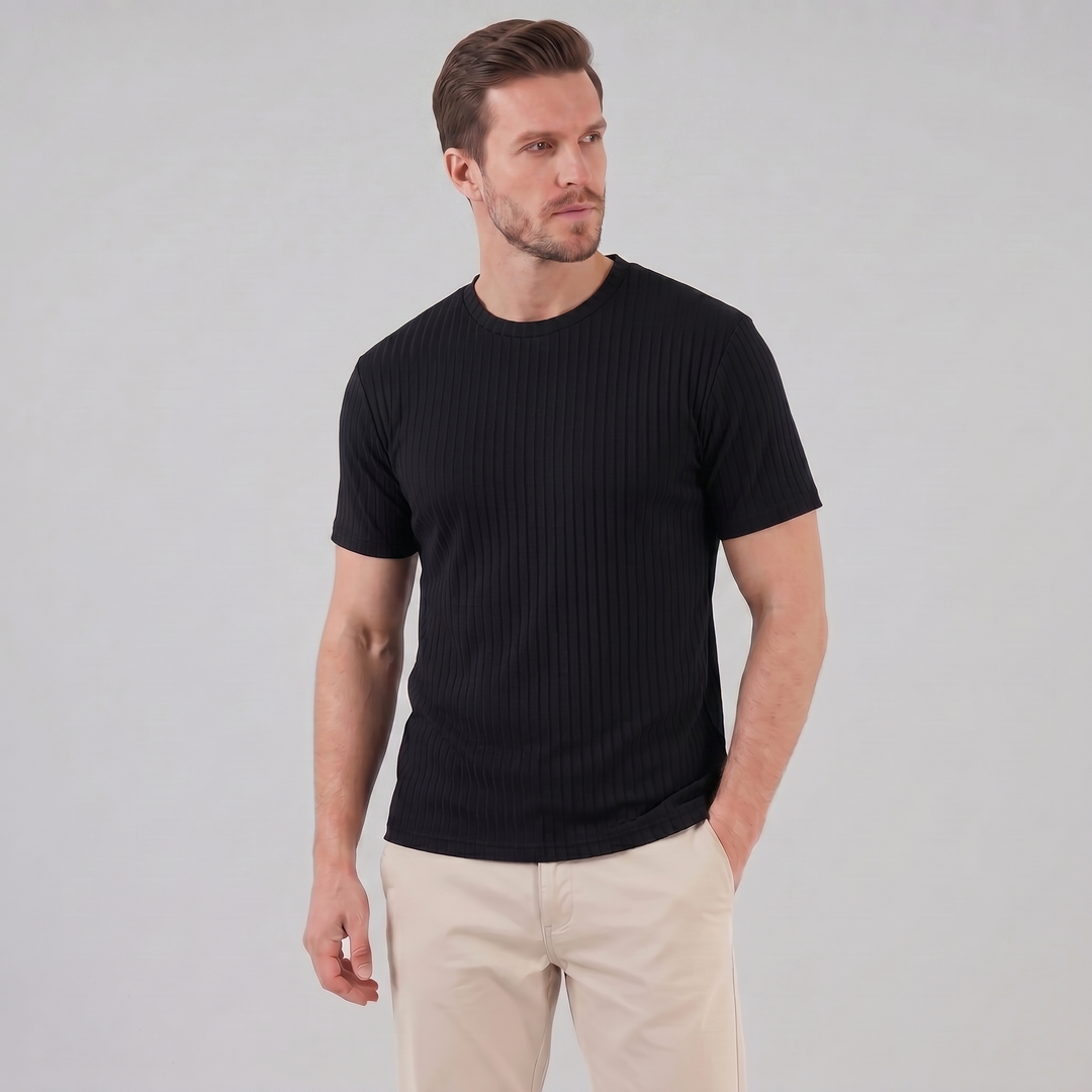 Męska T-shirt z prążkowanym wzorem, klasyczny krój, slim fit