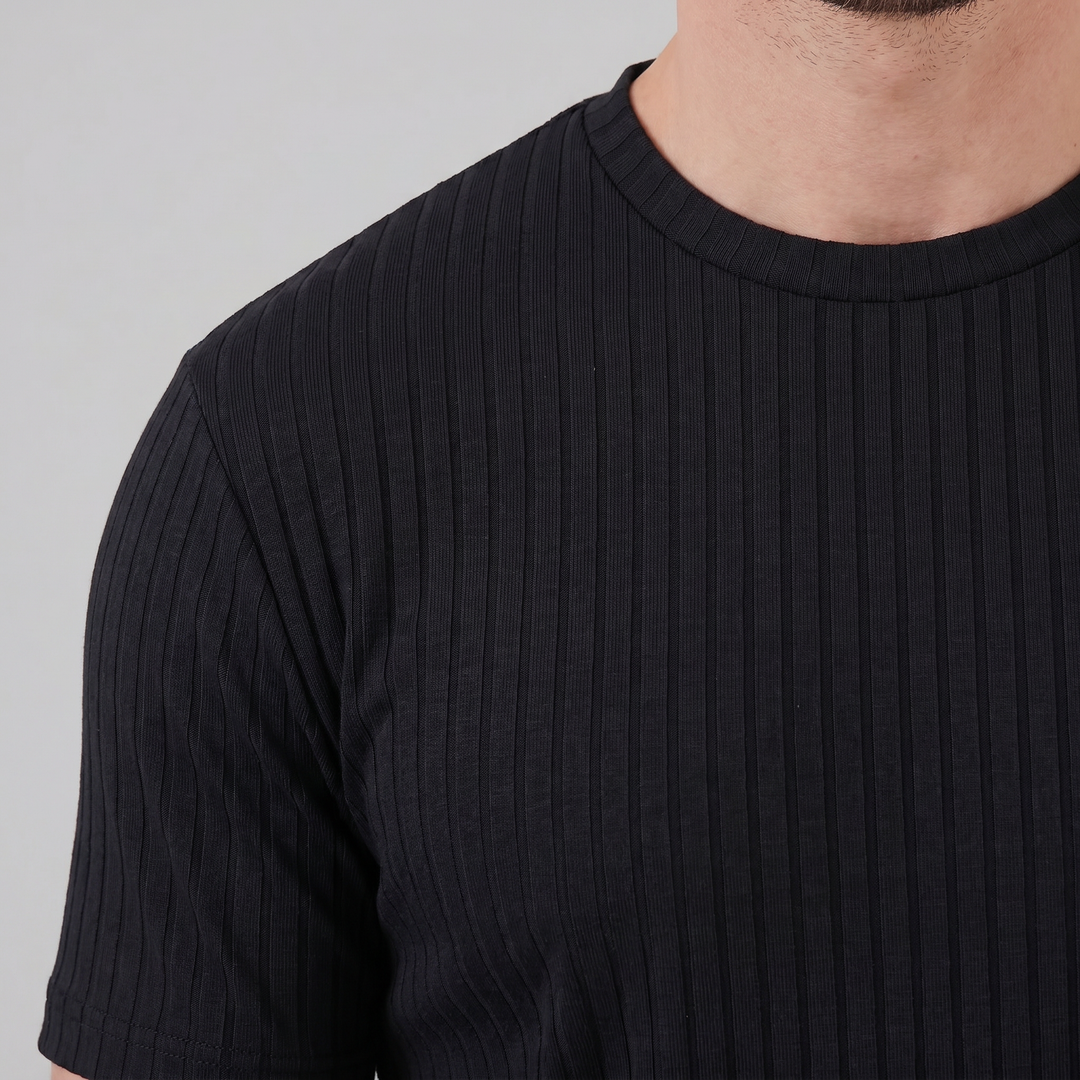 Męska T-shirt z prążkowanym wzorem, klasyczny krój, slim fit