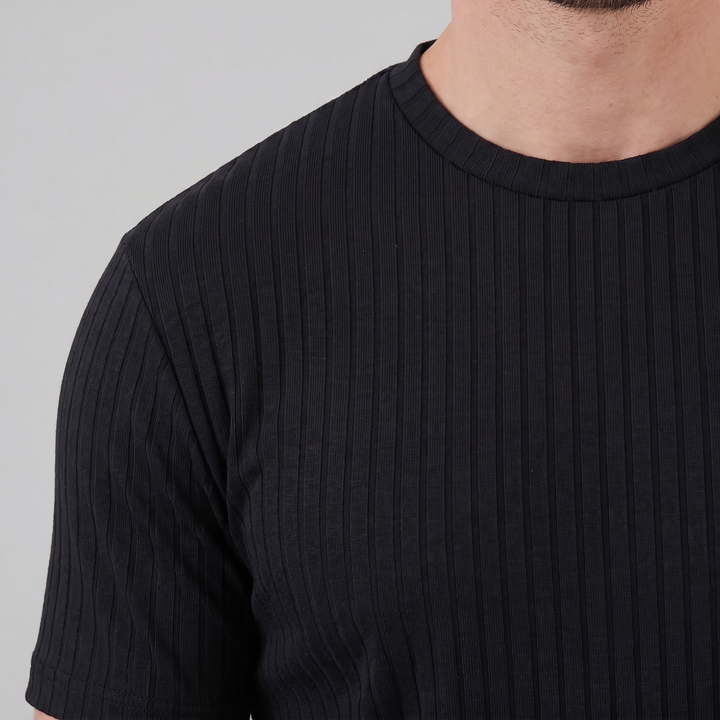 Męska T-shirt z prążkowanym wzorem, klasyczny krój, slim fit