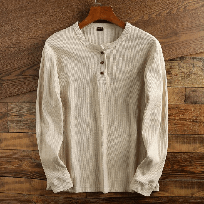 Męska koszula Henley z dzianiny wafelowej z długim rękawem, teksturowana, casualowa