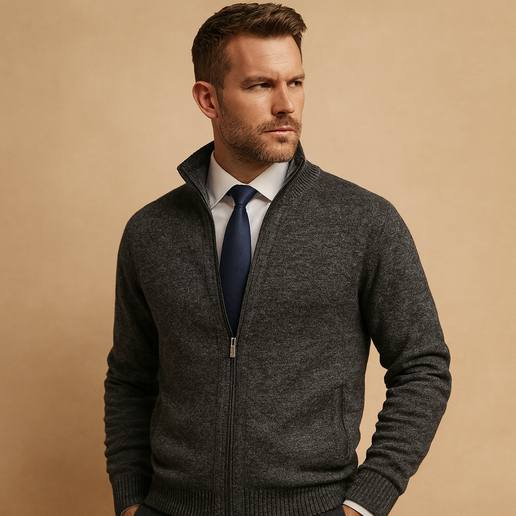 Męski klasyczny sweter cardigan z zamkiem błyskawicznym – Ponadczasowa dzianinowa kurtka na smart casual